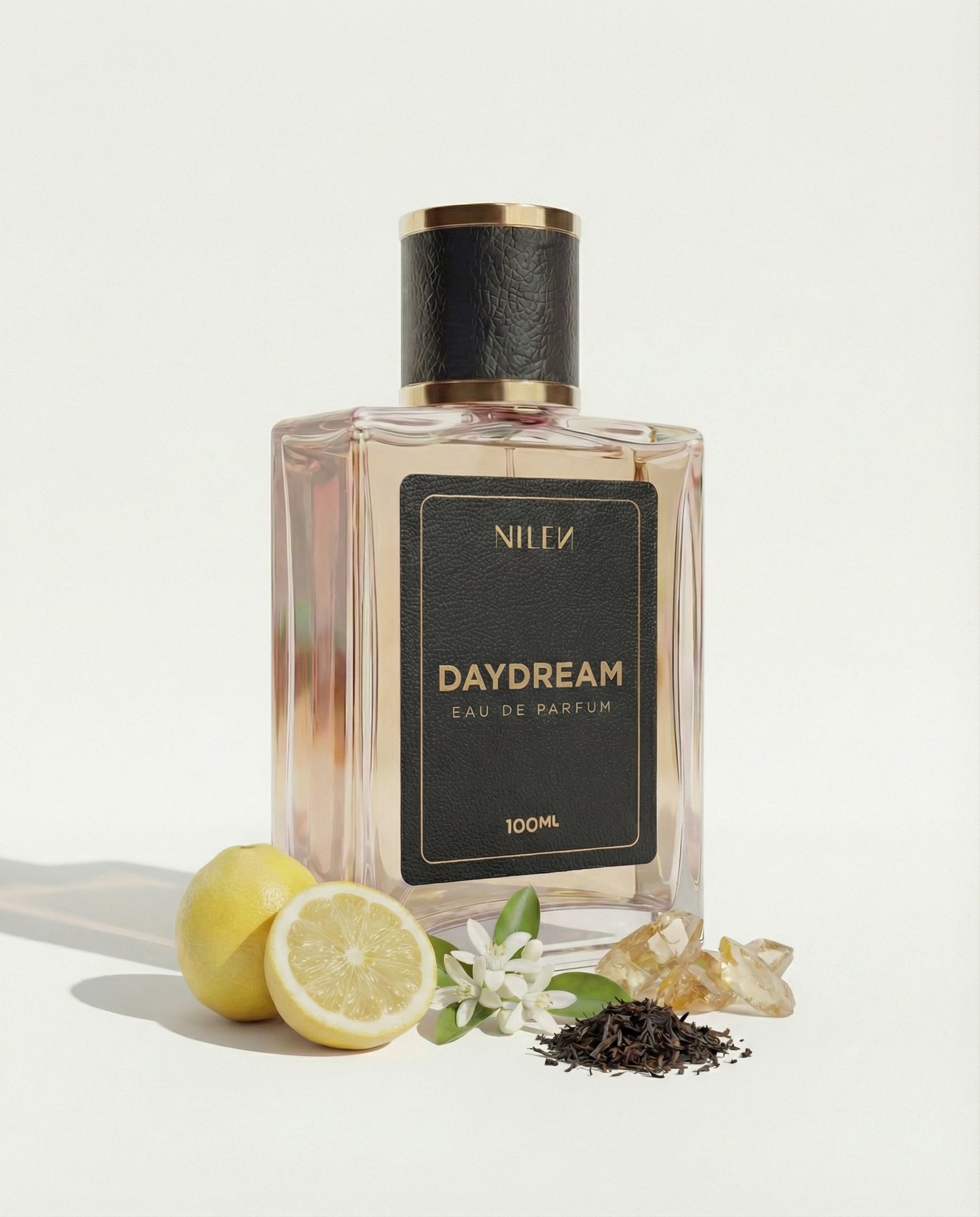 NILEN Daydream ao lado das notas hero: bergamota, chá negro, cedro